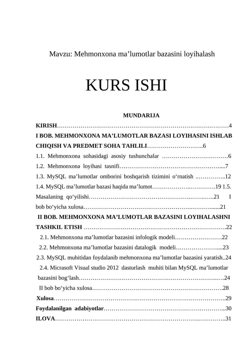 Mehmonxona ma’lumotlar bazasini loyihalash 1
