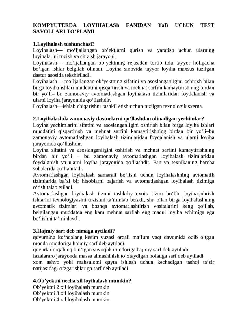 KOMPYUTERDA LOYIHALASh FANIDAN YaB UChUN TEST SAVOLLARI TO‘PLAMI 1