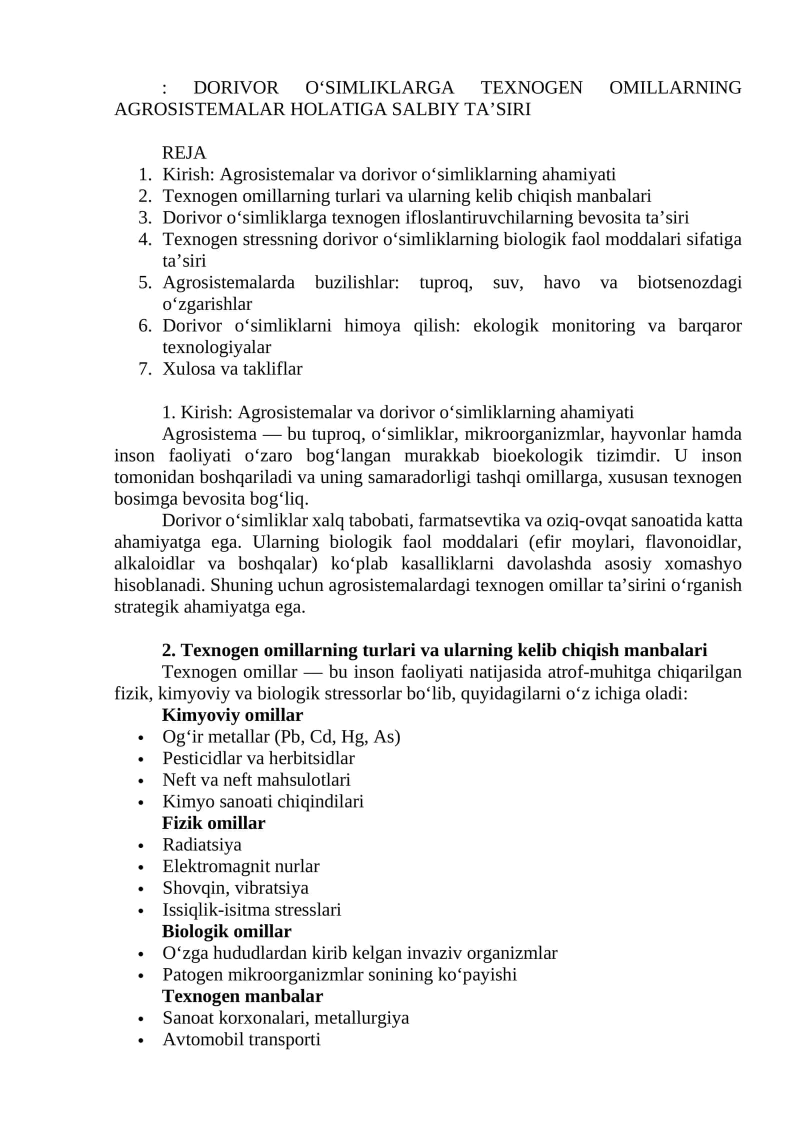 DORIVOR O‘SIMLIKLARGA TEXNOGEN OMILLARNING AGROSISTEMALAR HOLATIGA SALBIY TA’SIRI 1