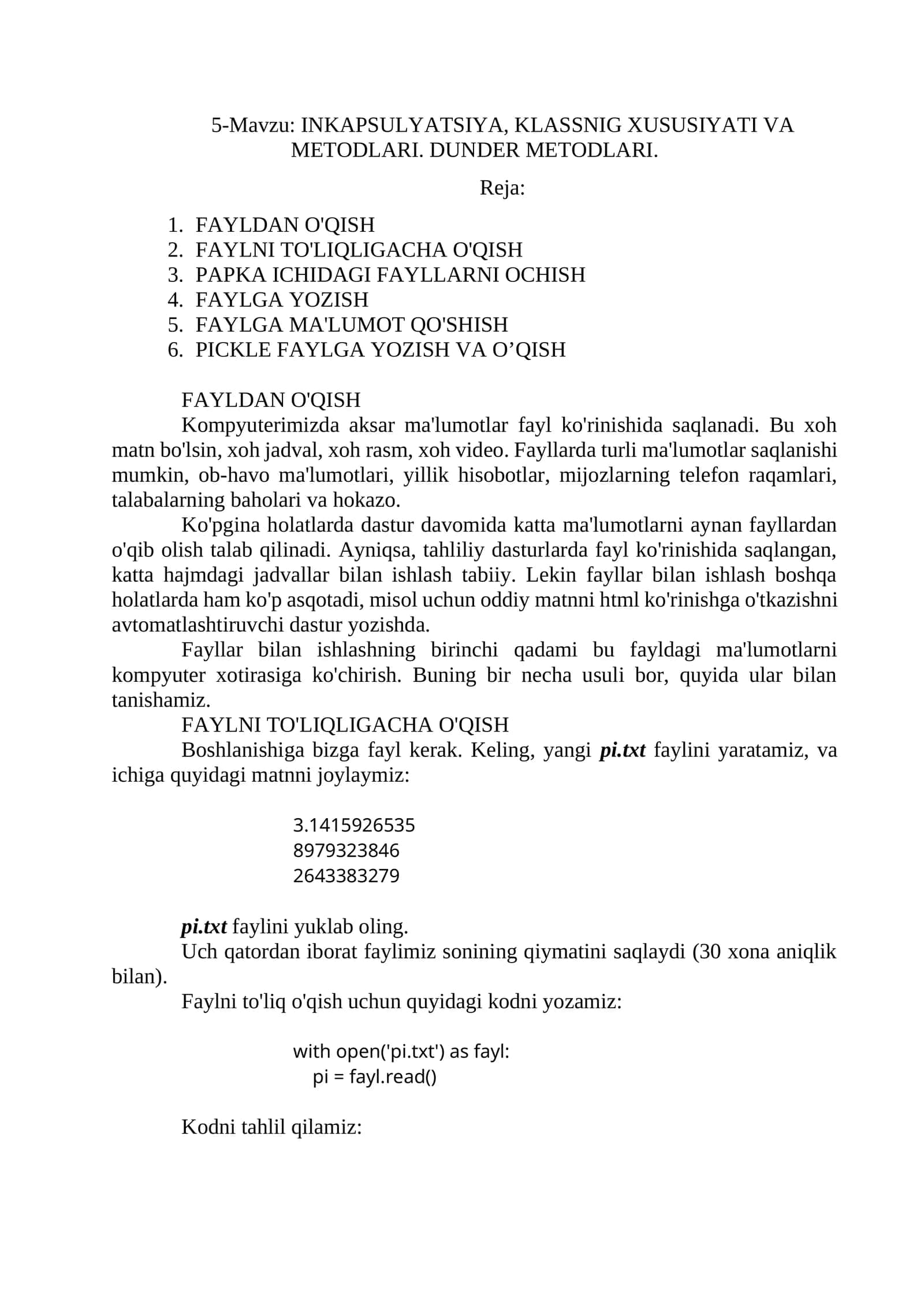 5-Mavzu: Inkapsulyatsiya, klassnig xususiyati va metodlari. Dunder metodlari 1