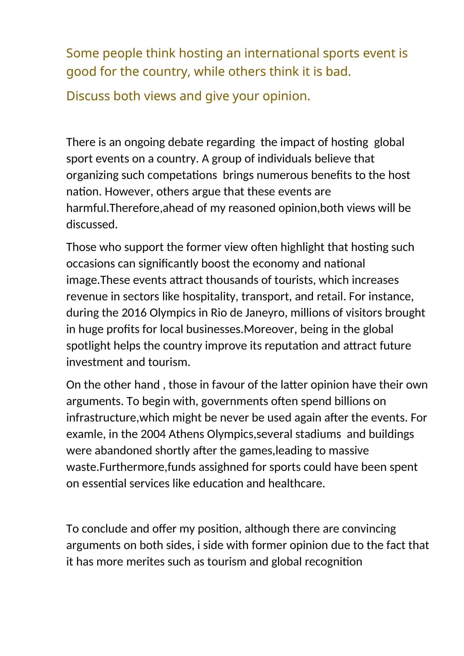 Impact of Hosting Global Sport Events on a Country 1