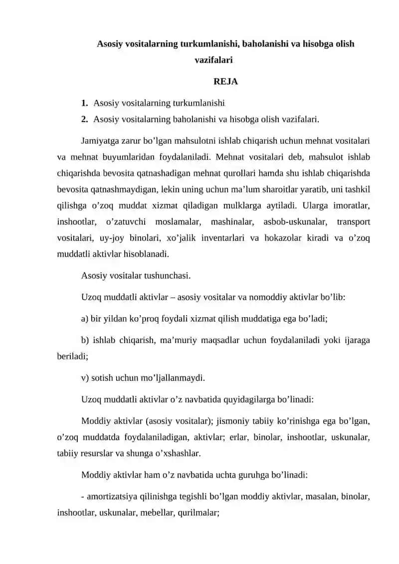 Asosiy vositalarning turkumlanishi, baholanishi va hisobga olish vazifalari