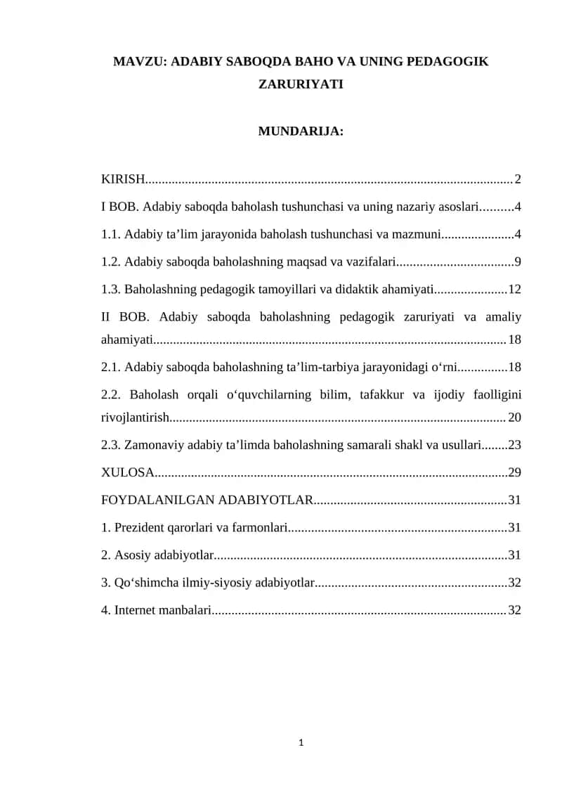 ADABIY SABOQDA BAHO VA UNING PEDAGOGIK ZARURIYATI 1