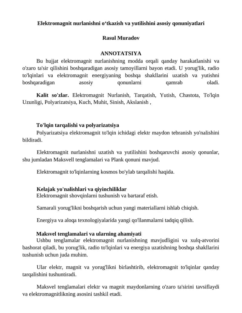 Elektromagnit nurlanishni oʻtkazish va yutilishini asosiy qonuniyatlari 1