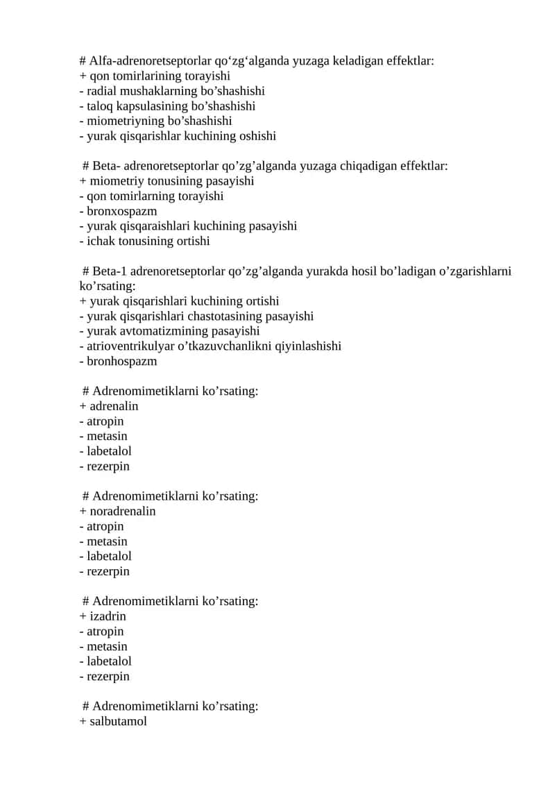 Beta- adrenoretseptorlar qo’zg’alganda yuzaga chiqadigan effektlar 1