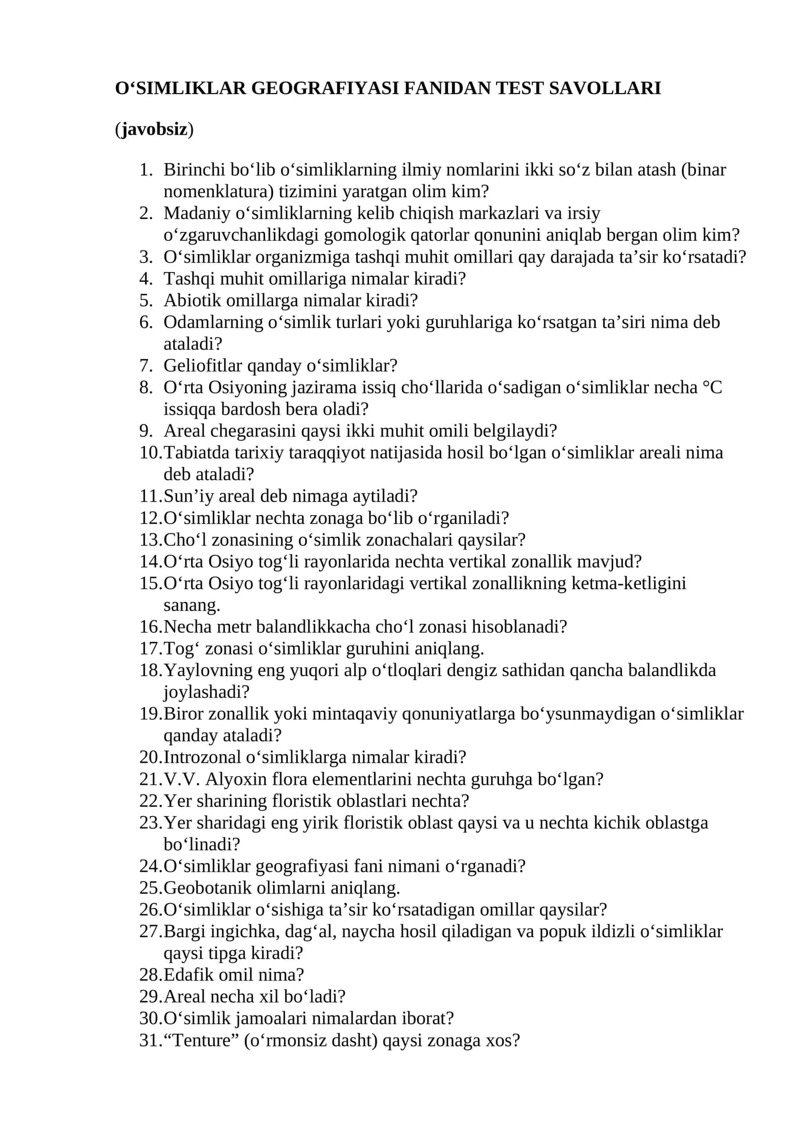 O‘SIMLIKLAR GEOGRAFIYASI FANIDAN TEST SAVOLLARI 1