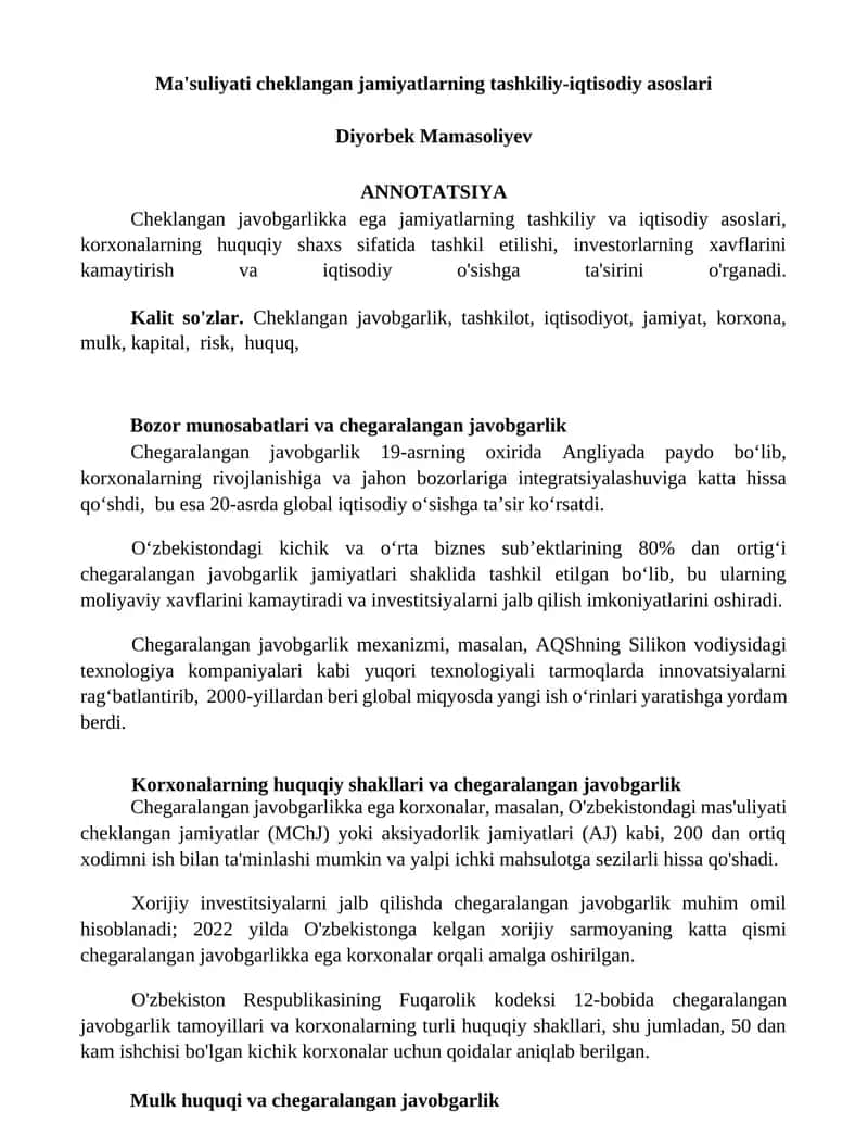 Ma'suliyati cheklangan jamiyatlarning tashkiliy-iqtisodiy asoslari 1