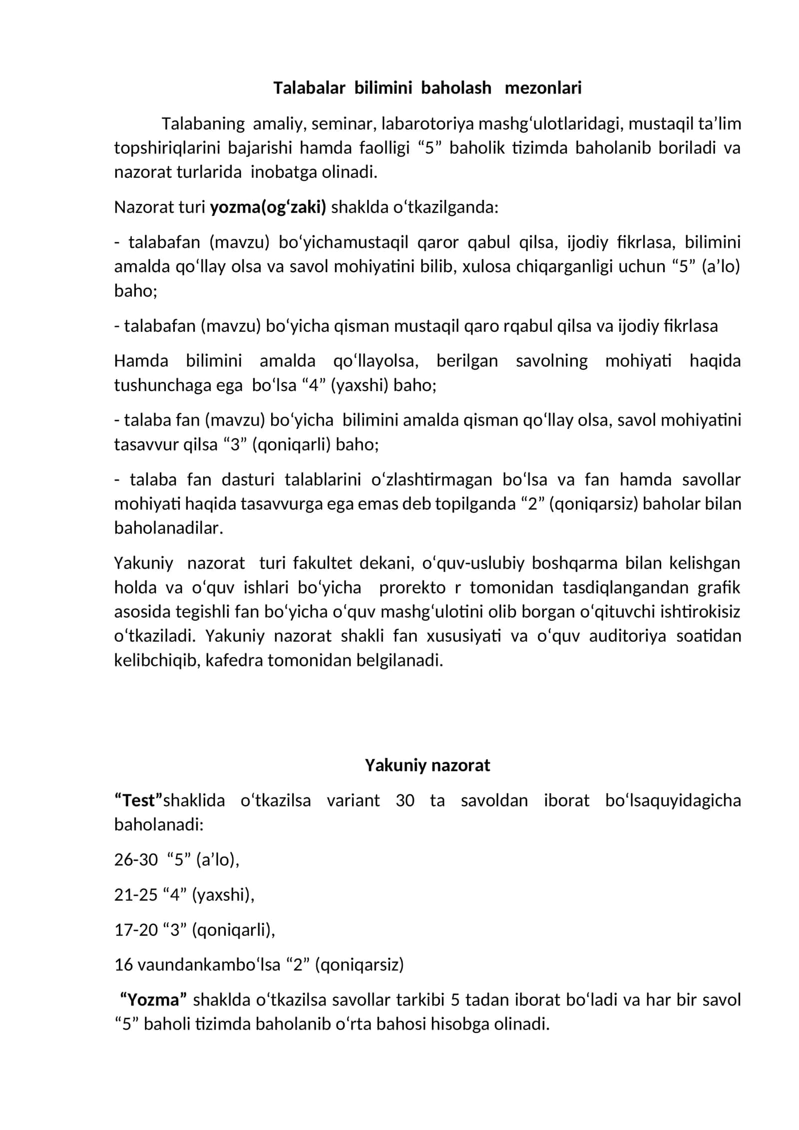 Talabalar bilimini baholash mezonlari 1