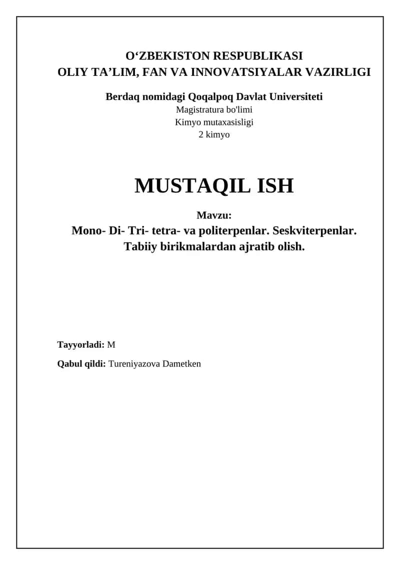 Mono-, Di-, Tri-, Tetra- va Politerpenlar Tasnifi va Tuzilishi 1