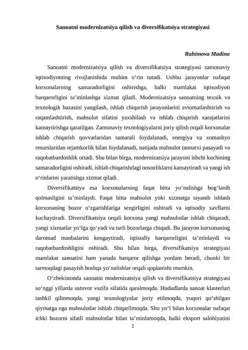 Sanoatni modernizatsiya qilish va diversifikatsiya strategiyasi