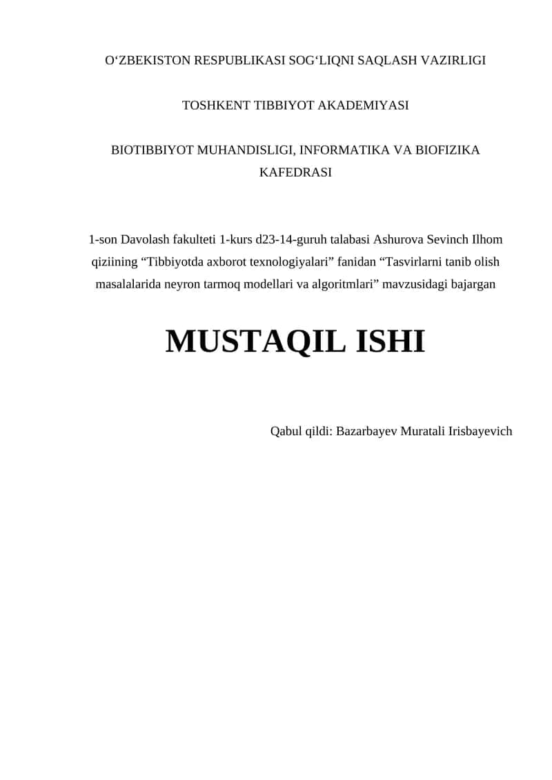 Tasvirlarni tanib olish masalalarida neyron tarmoq modellari va algoritmlari 1