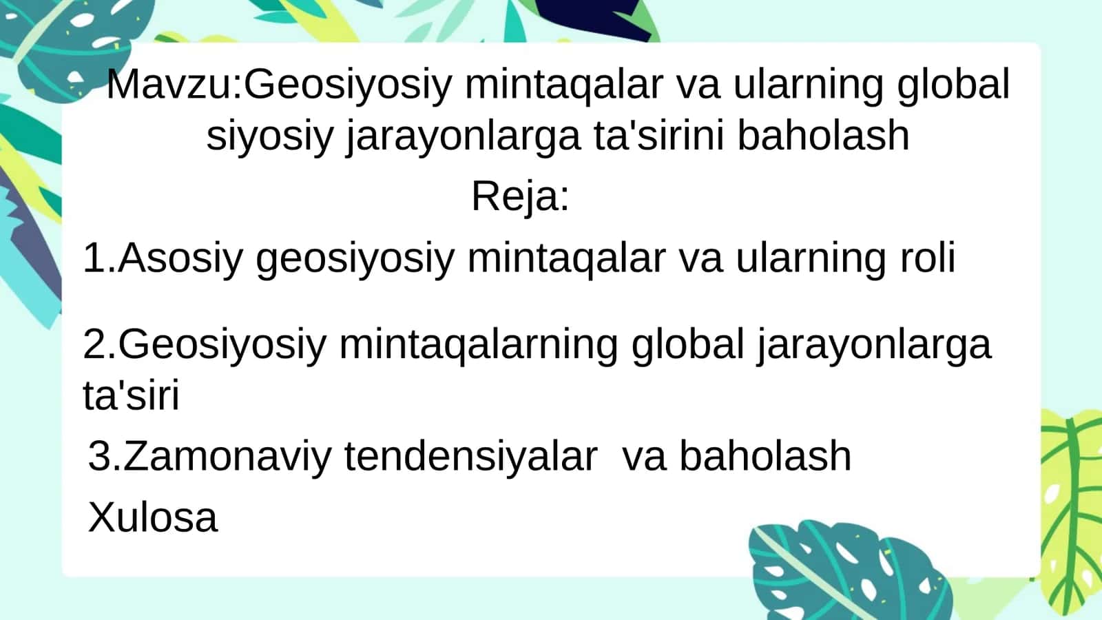 Geosiyosiy mintaqalar va ularning global siyosiy jarayonlarga ta'sirini baholash 1