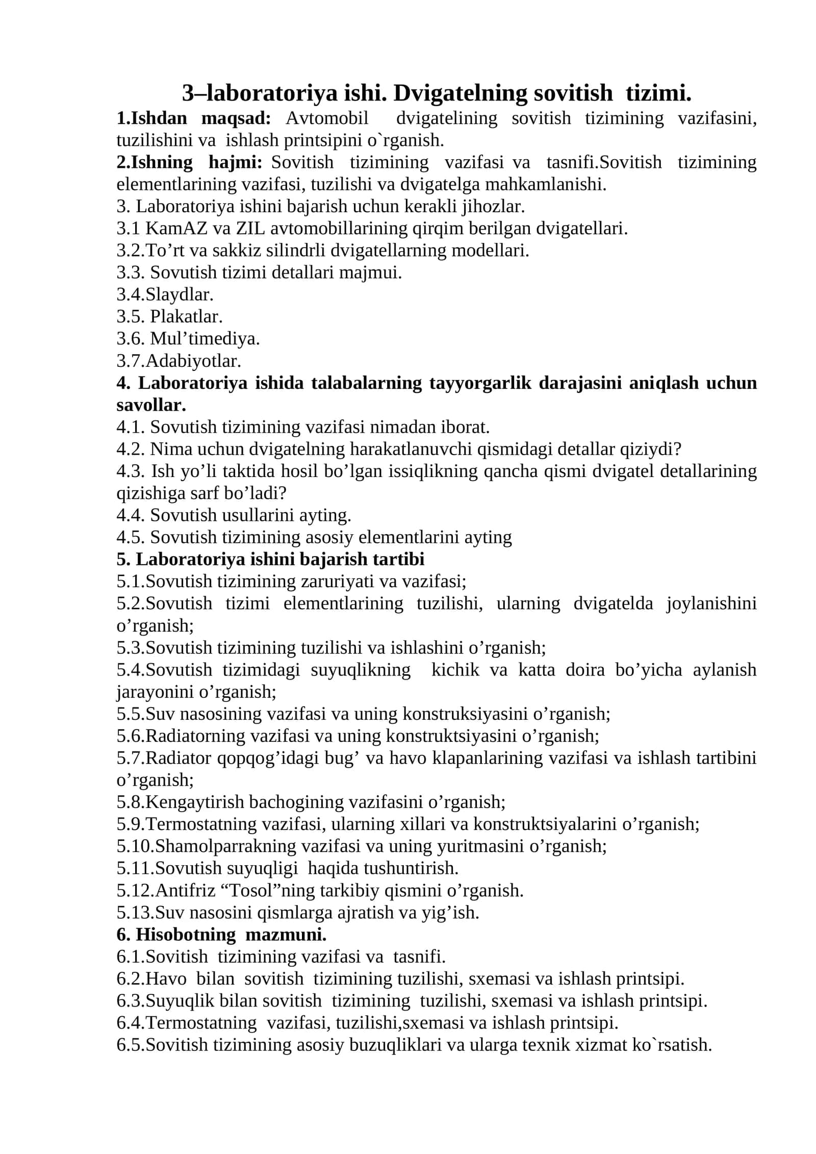 Laboratoriya ishlar: Sovitish tizimi 1