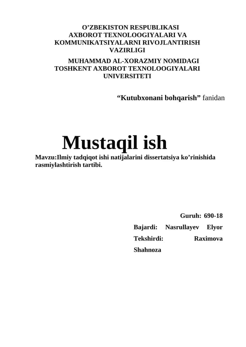 Ilmiy tadqiqot ishi natijalarini dissertatsiya ko’rinishida rasmiylashtirish tartibi 1