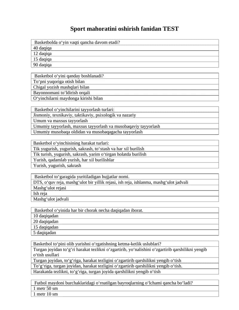 Sport mahoratini oshirish fanidan TEST 1