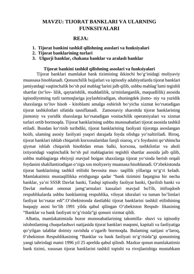 TIJORAT BANKLARI VA ULARNING FUNKSIYALARI 1