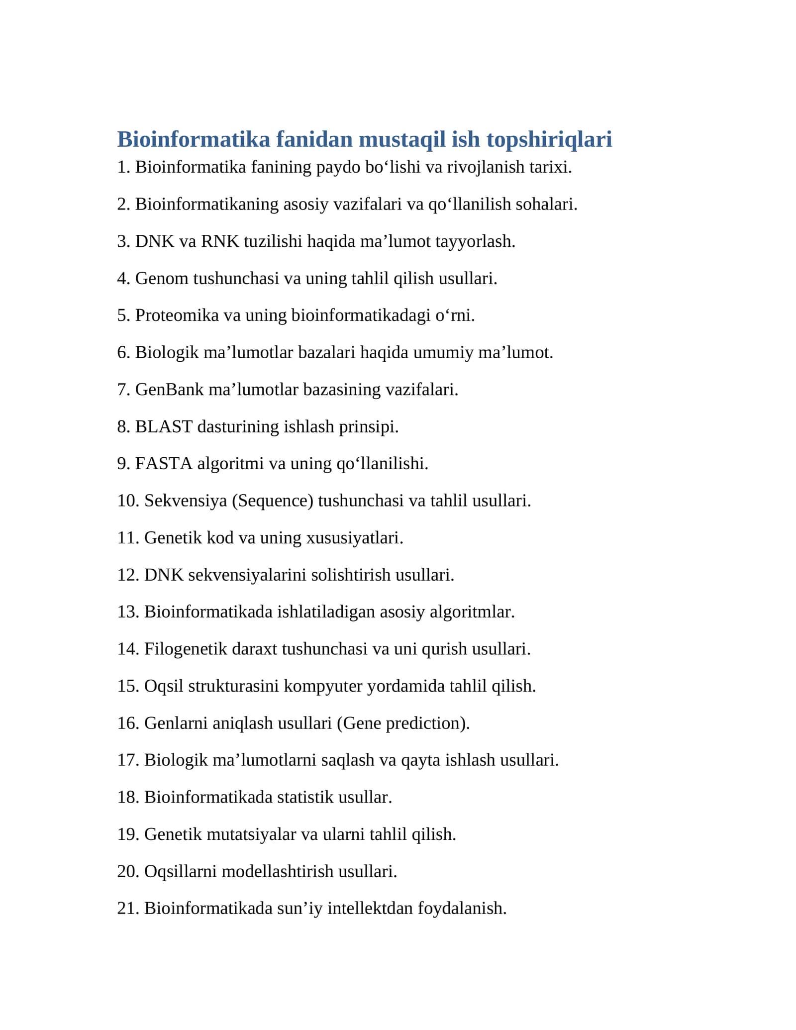 Bioinformatika fanidan mustaqil ish topshiriqlari 1