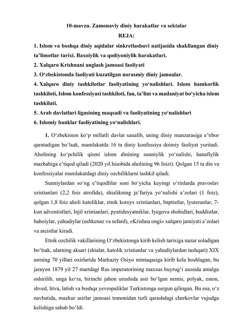 Zamonaviy diniy harakatlar va sektalar 1