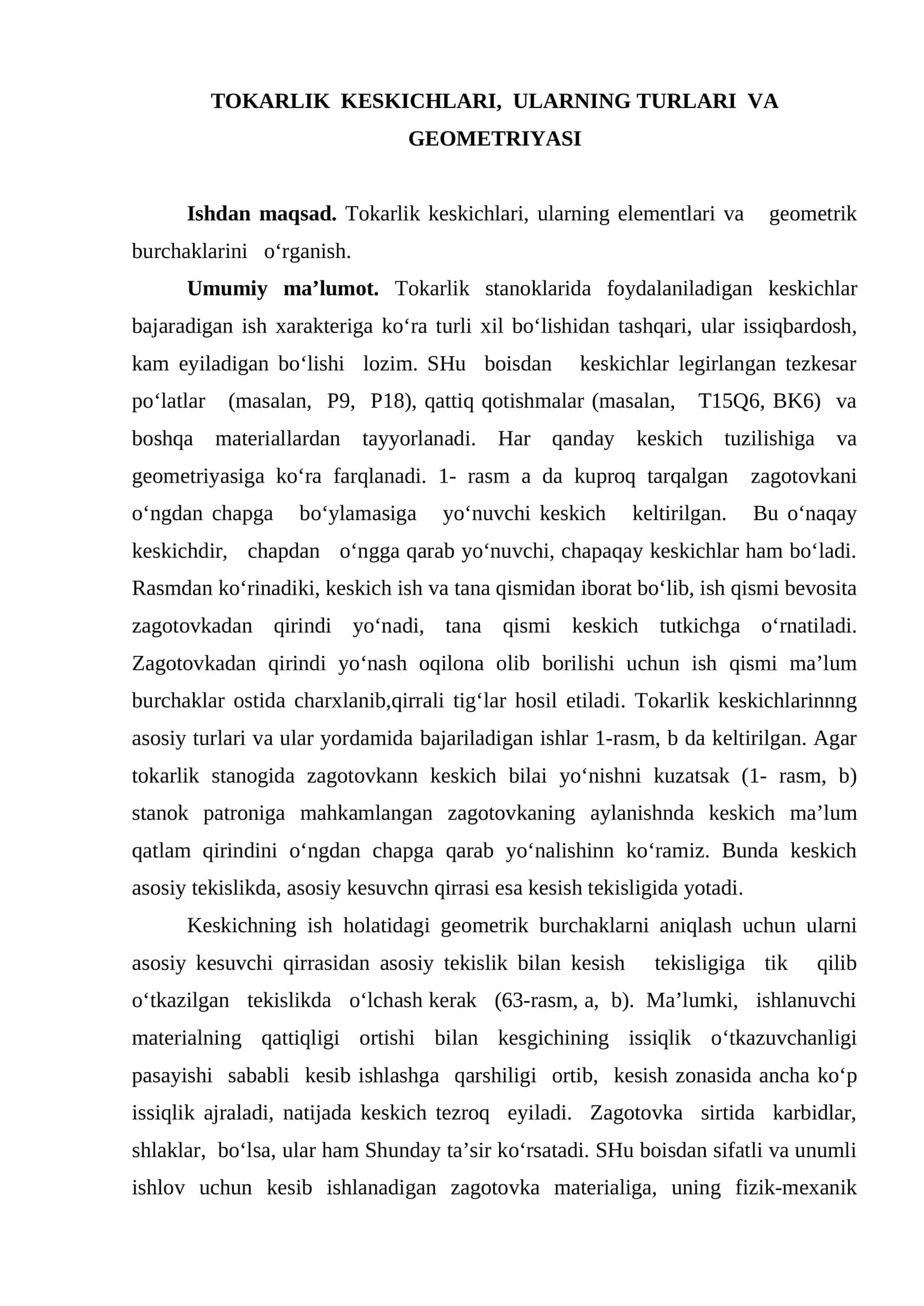 TOKARLIK KESKICHLARI, ULARNING TURLARI VA GEOMETRIYASI 1