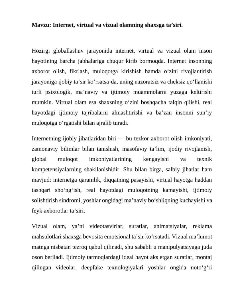 Internet, virtual va vizual olamning shaxsga ta’siri 1