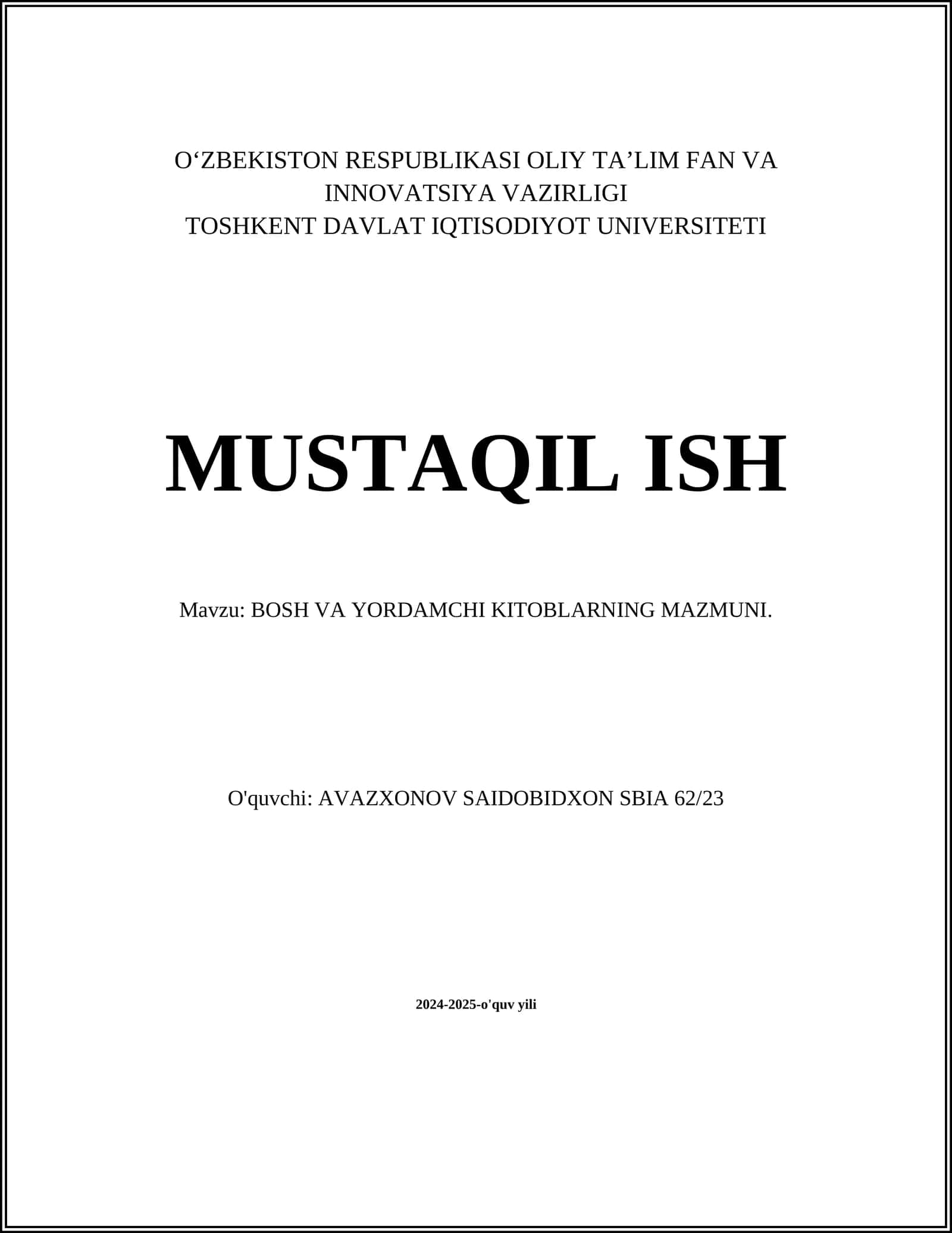 BOSH VA YORDAMCHI KITOBLARNING MAZMUNI 1