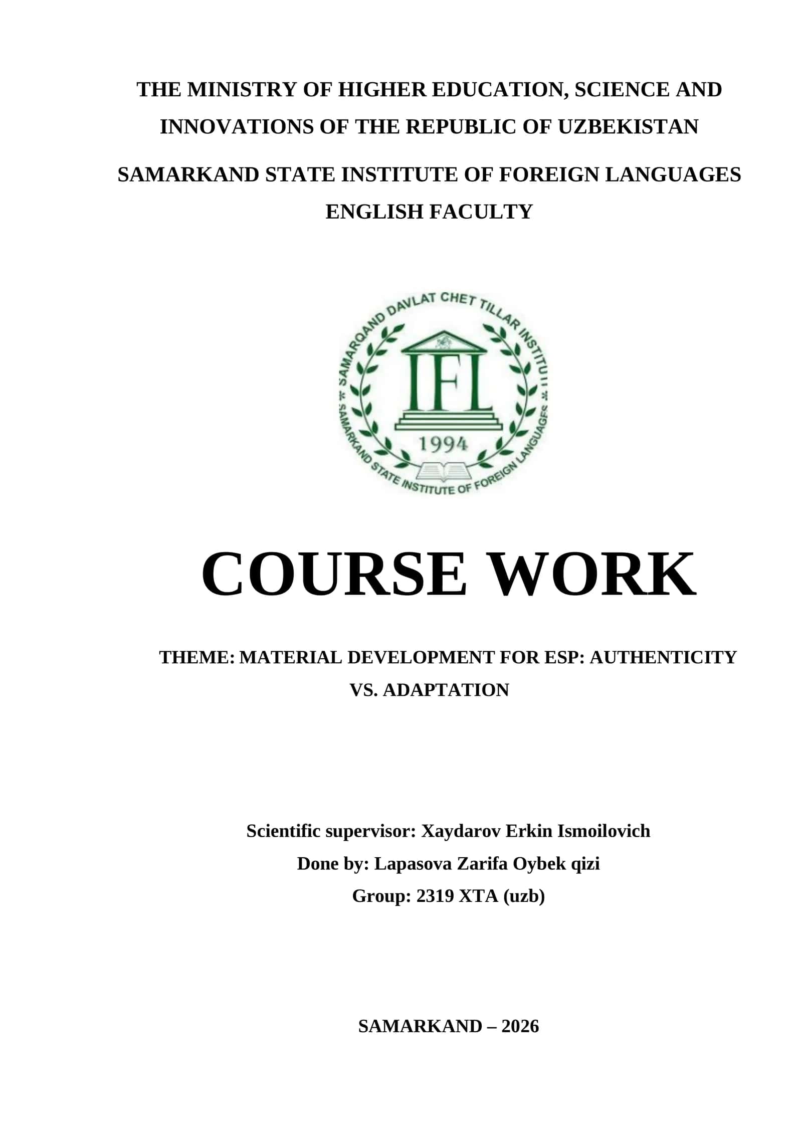 MATERIAL DEVELOPMENT FOR ESP: AUTHENTICITY VS. ADAPTATION 1