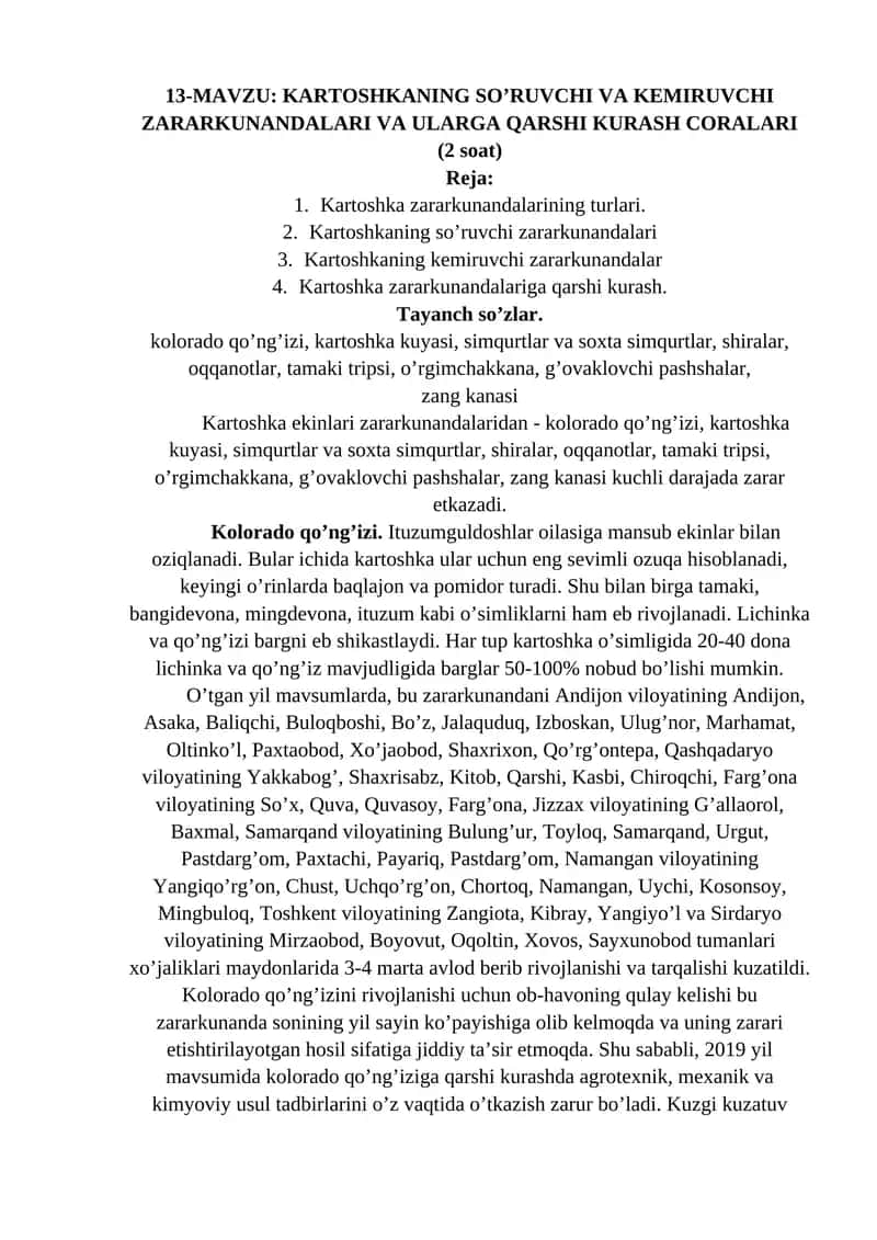 KARTOSHKANING SO’RUVCHI VA KEMIRUVCHI ZARARKUNANDALARI VA ULARGA QARSHI KURASH CORALARI 1