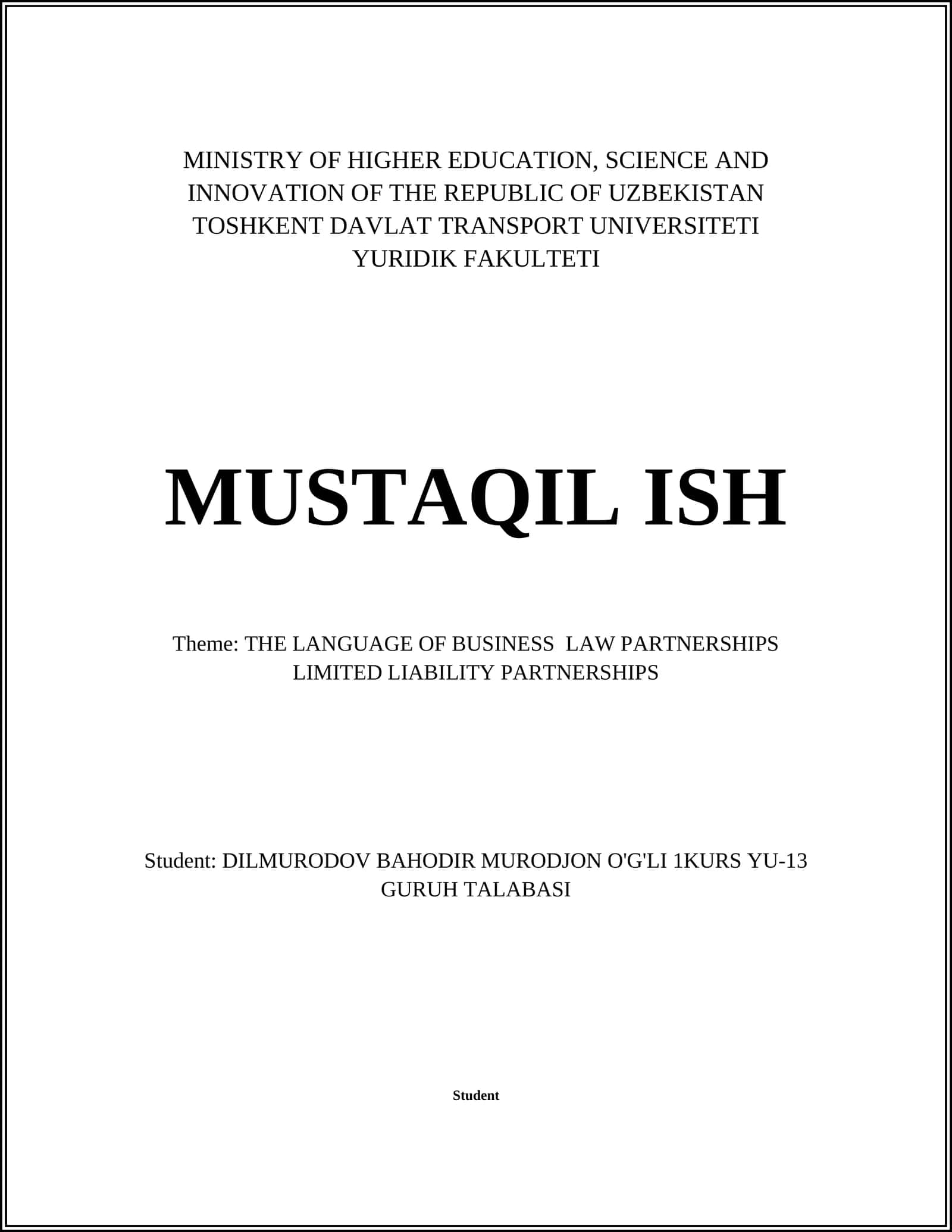 THE LANGUAGE OF BUSINESS LAW PARTNERSHIPS LIMITED LIABILITY PARTNERSHIPS 1