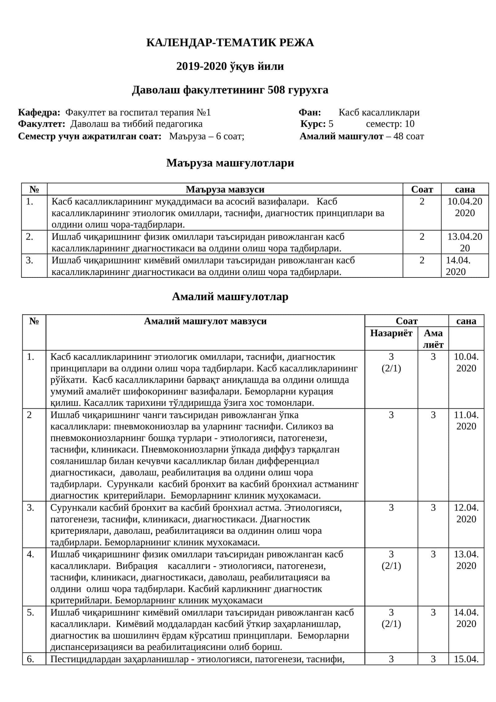 КАЛЕНДАР-ТЕМАТИК РЕЖА 2019-2020 ўқув йили 1
