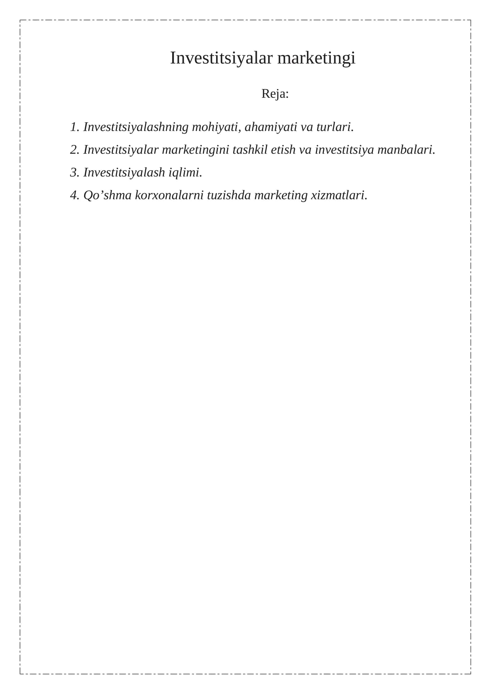 Investitsiyalar marketingi 1