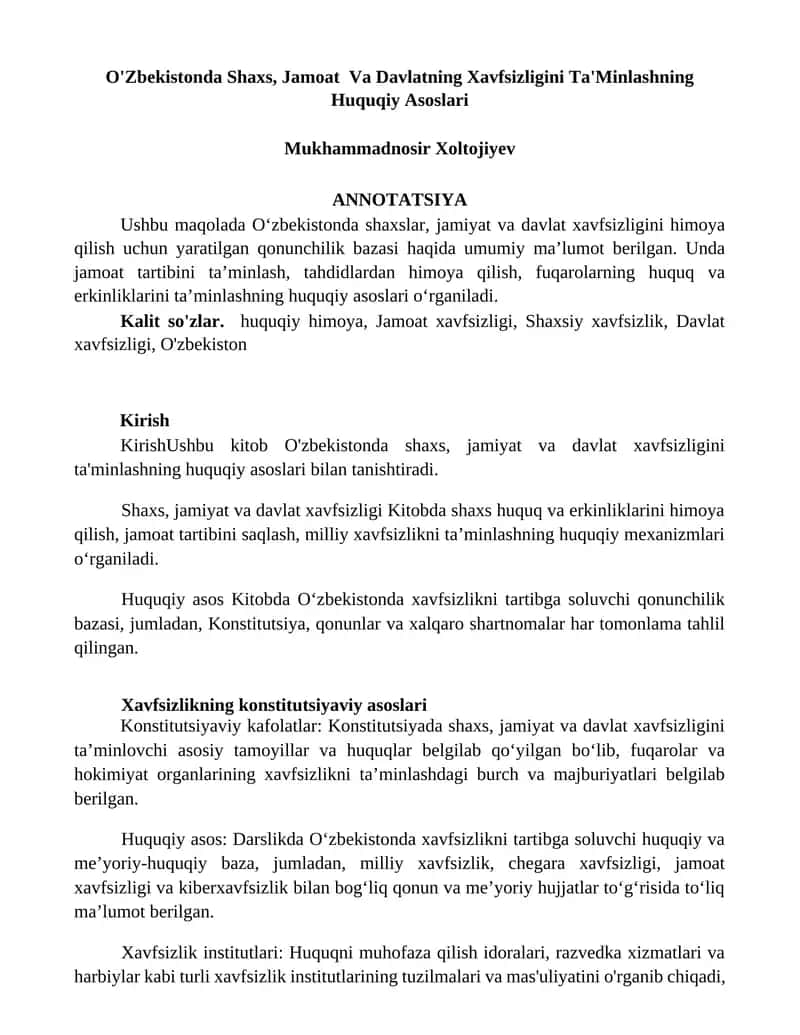 O'Zbekistonda Shaxs, Jamoat Va Davlatning Xavfsizligini Ta'Minlashning Huquqiy Asoslari 1