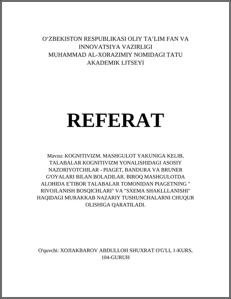 KOGNITIVIZM. MASHGULOT YAKUNIGA KELIB 1