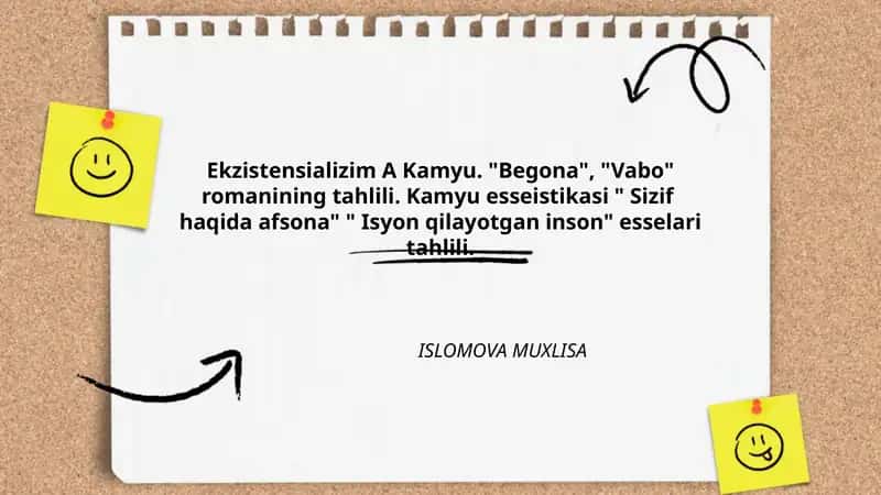Ekzistensializm A. Kamyu. "Begona", "Vabo" romanlarining tahlili. Kamyu esseistikasi "Sizif haqida afsona", "Isyon qilayotgan inson" esselari tahlili. 1