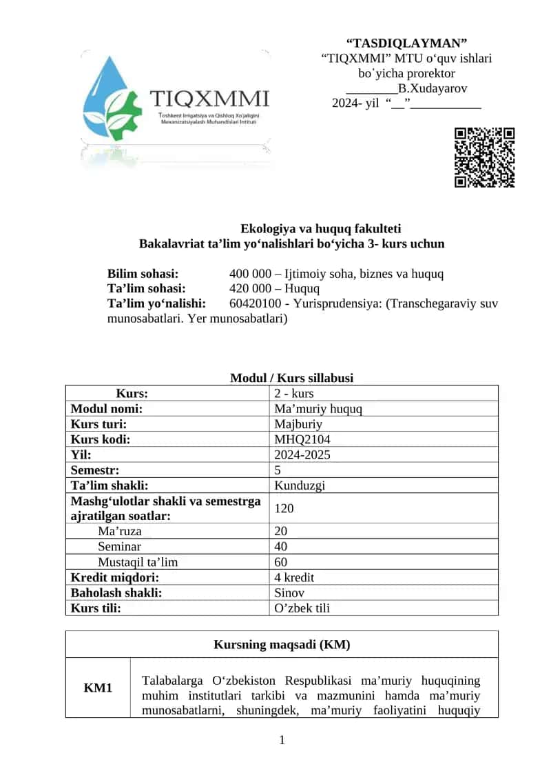 Ekologiya va huquq fakulteti Bakalavriat ta’lim yoʻnalishlari boʻyicha 3- kurs uchun 1
