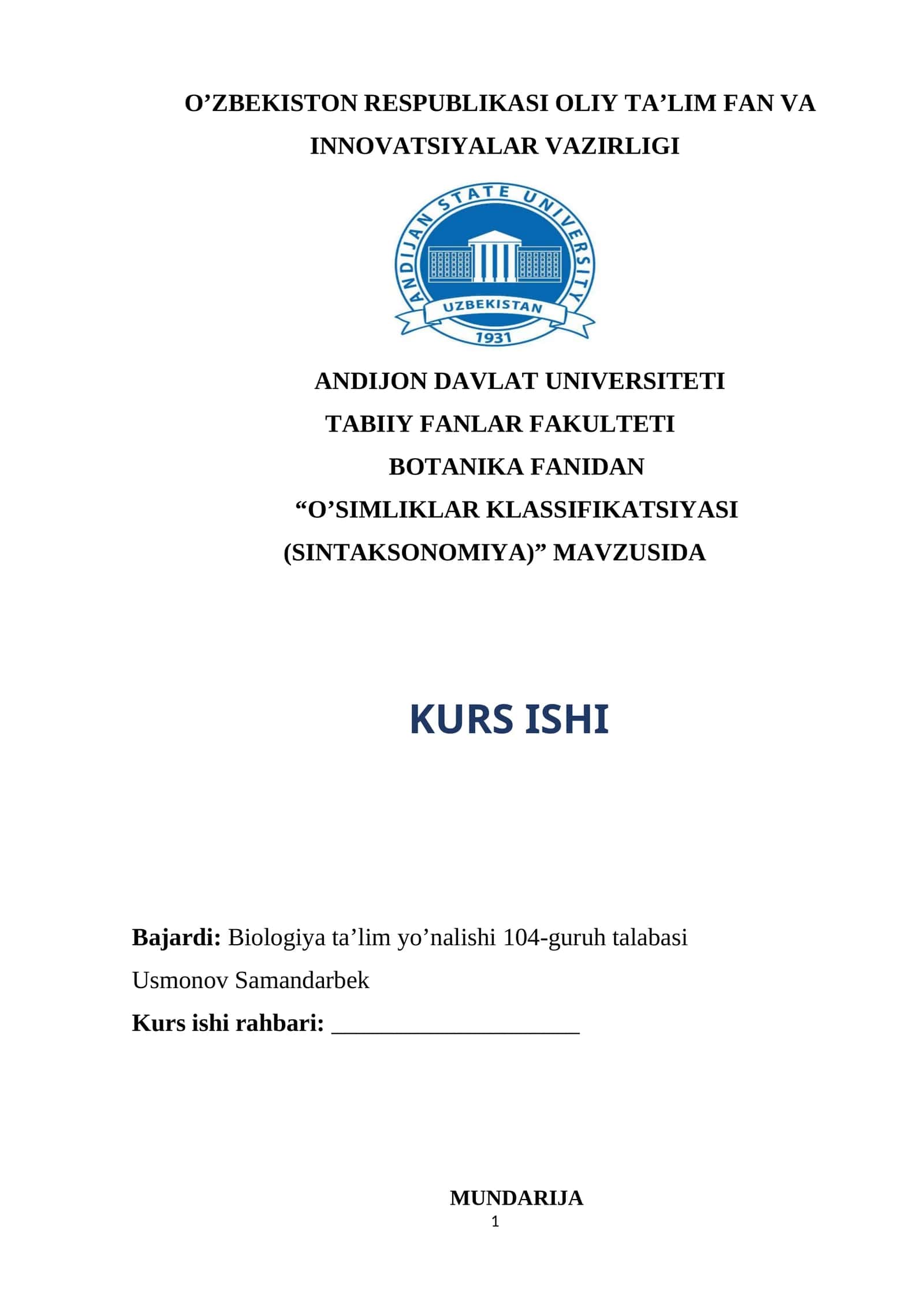 “o’simliklar klassifikatsiyasi (sintaksonomiya)” MAVZUSIDA KURS ISHI 1