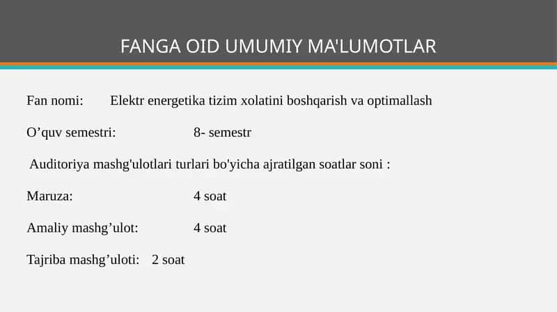 Elektrenergetika tizim xolatini boshqarish va optimallash 1