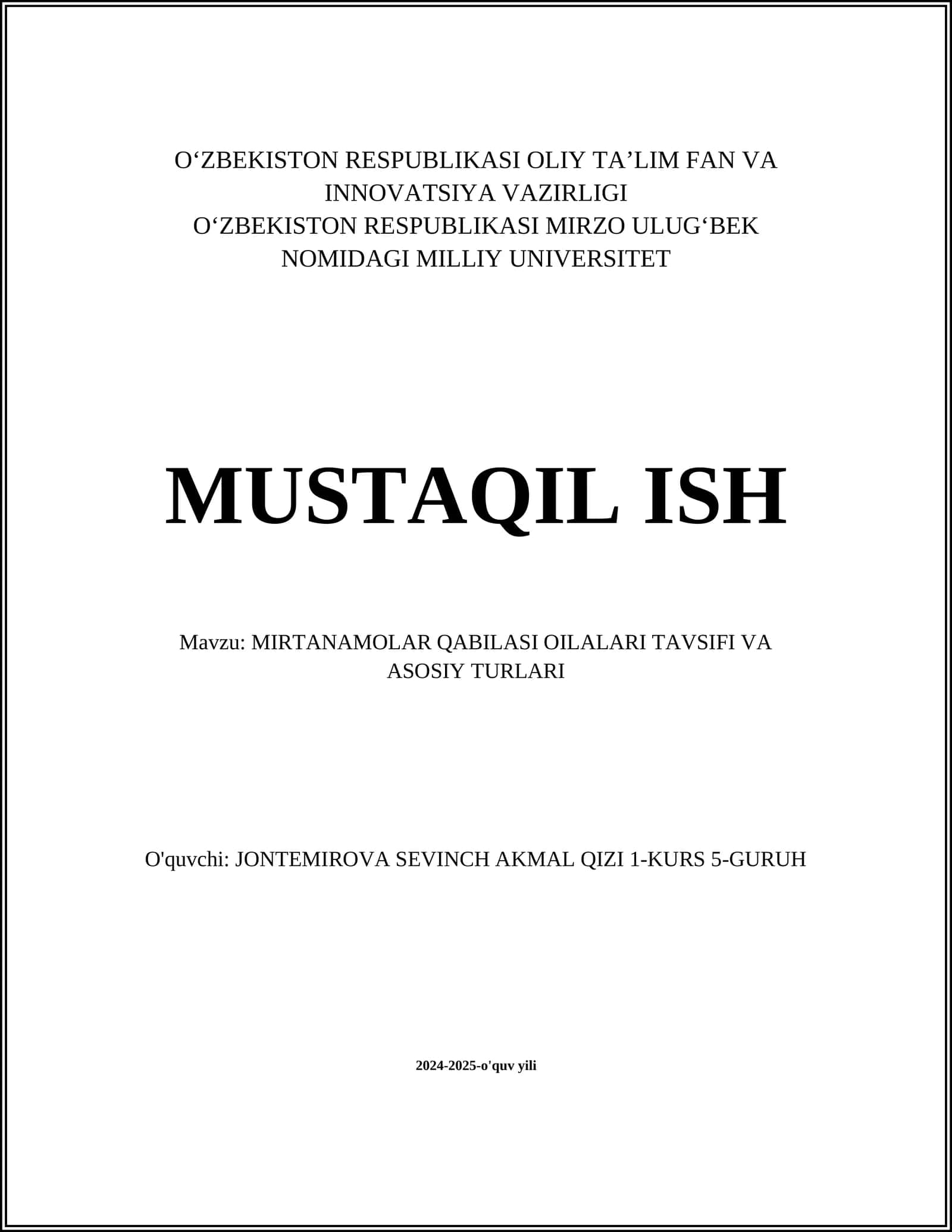 MIRTANAMOLAR QABILASI OILALARI TAVSIFI VA ASOSIY TURLARI 1
