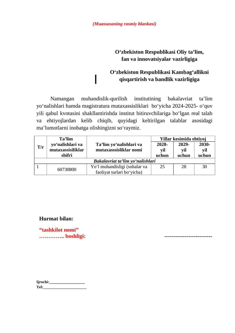 Namangan muhandislik-qurilish instituti qabul kvotalari 2024-2025 1
