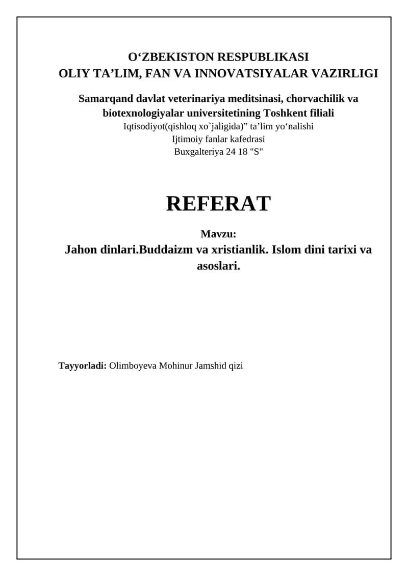 Jahon dinlari.Buddaizm va xristianlik. Islom dini tarixi va asoslari 1