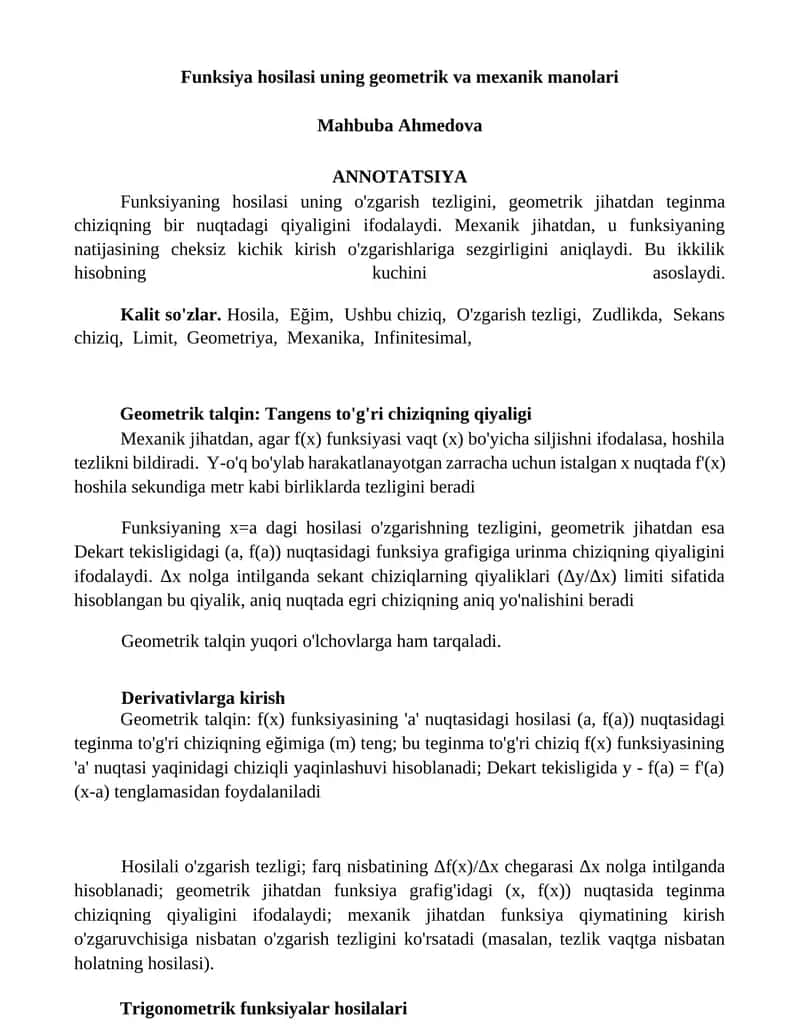 Funksiya hosilasi uning geometrik va mexanik manolari 1