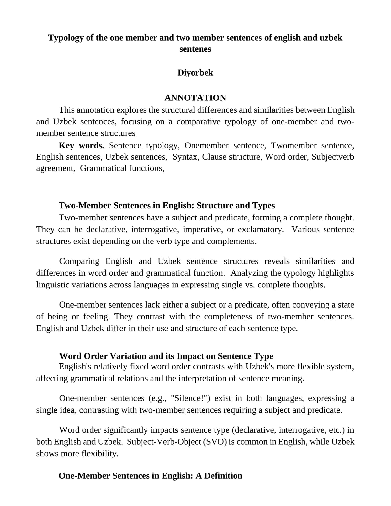 Typology of the one member and two member sentences of english and uzbek sentenes 1