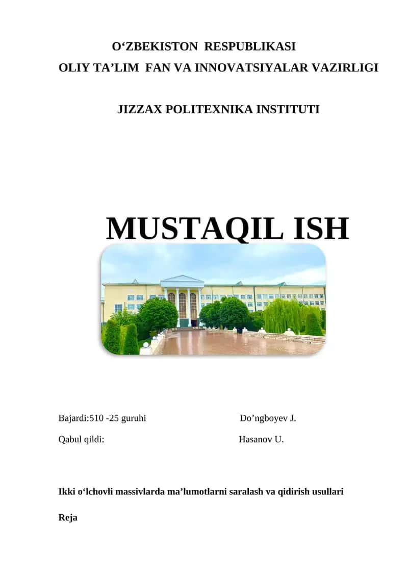 Ikki o‘lchovli massivlarda ma’lumotlarni saralash va qidirish usullari 1