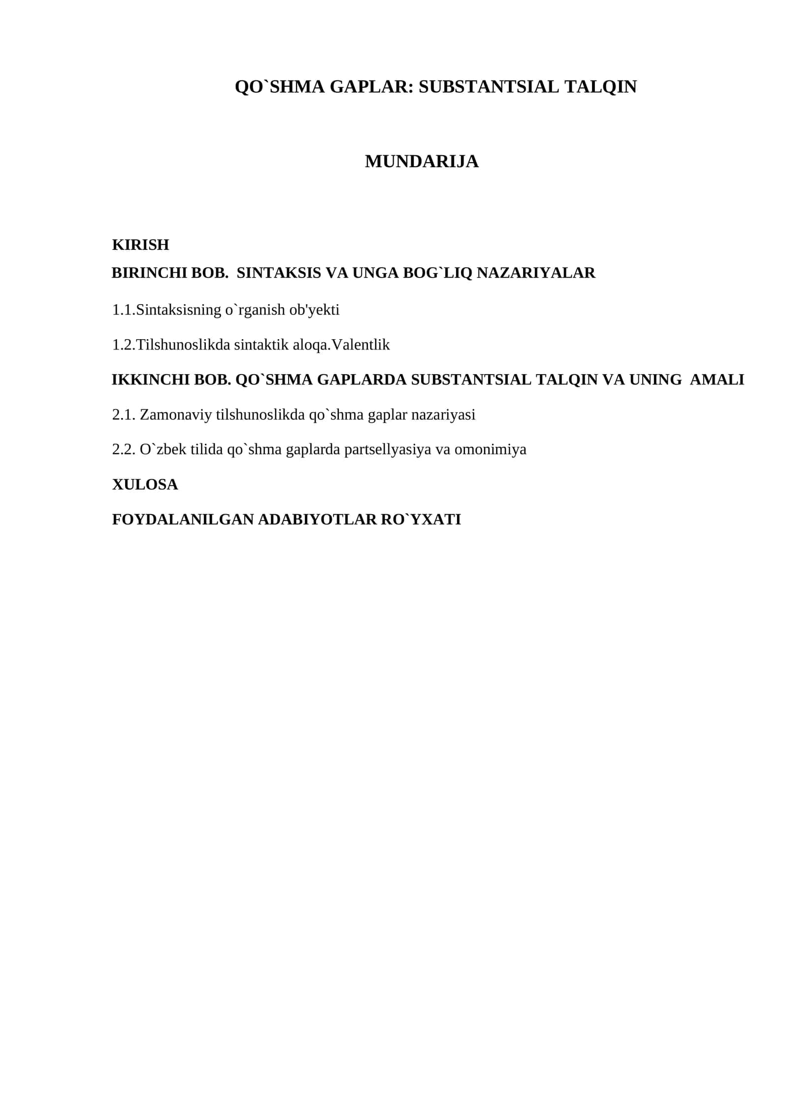 QO`SHMA GAPLAR: SUBSTANTSIAL TALQIN 1