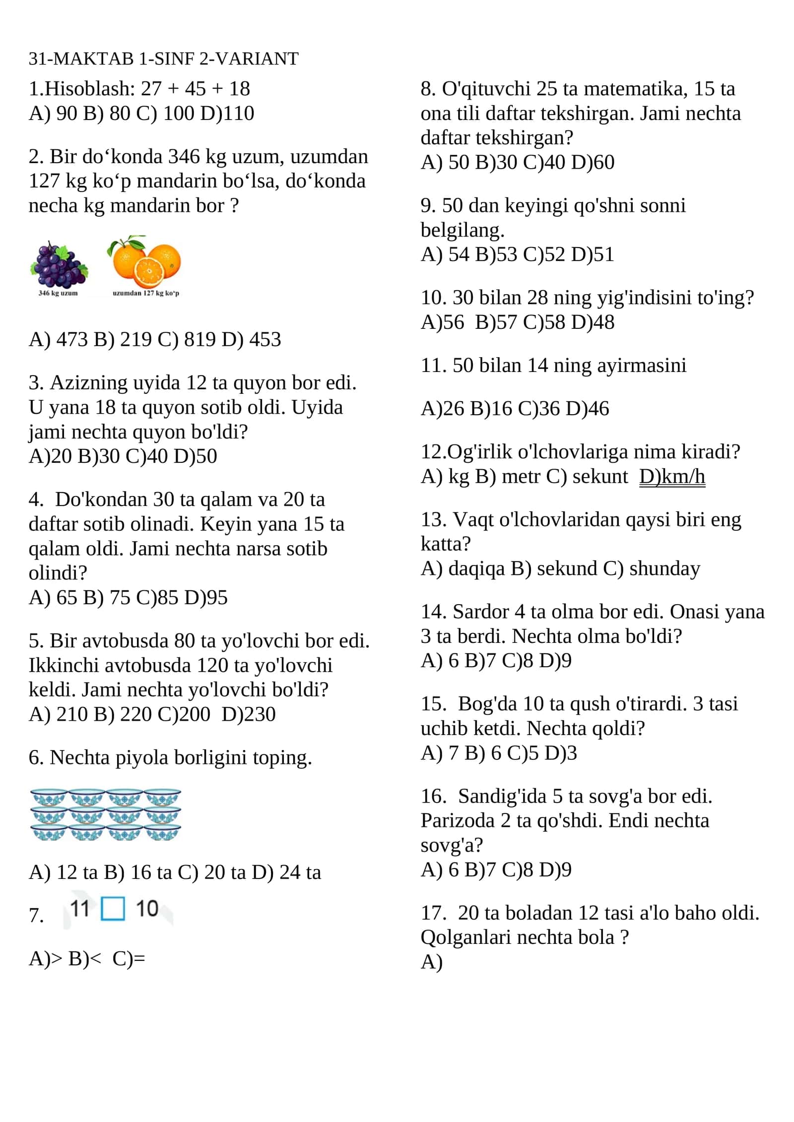 matematika 2-sinf testi 1