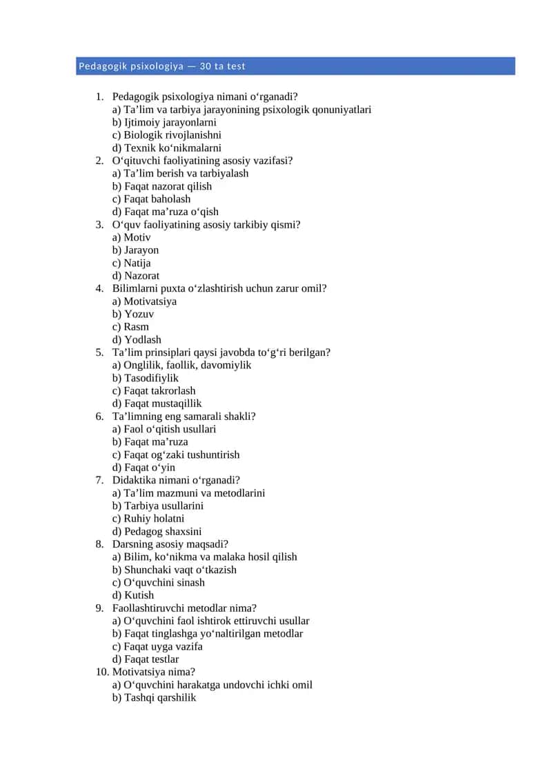 Pedagogik psixologiya — 30 ta test 1