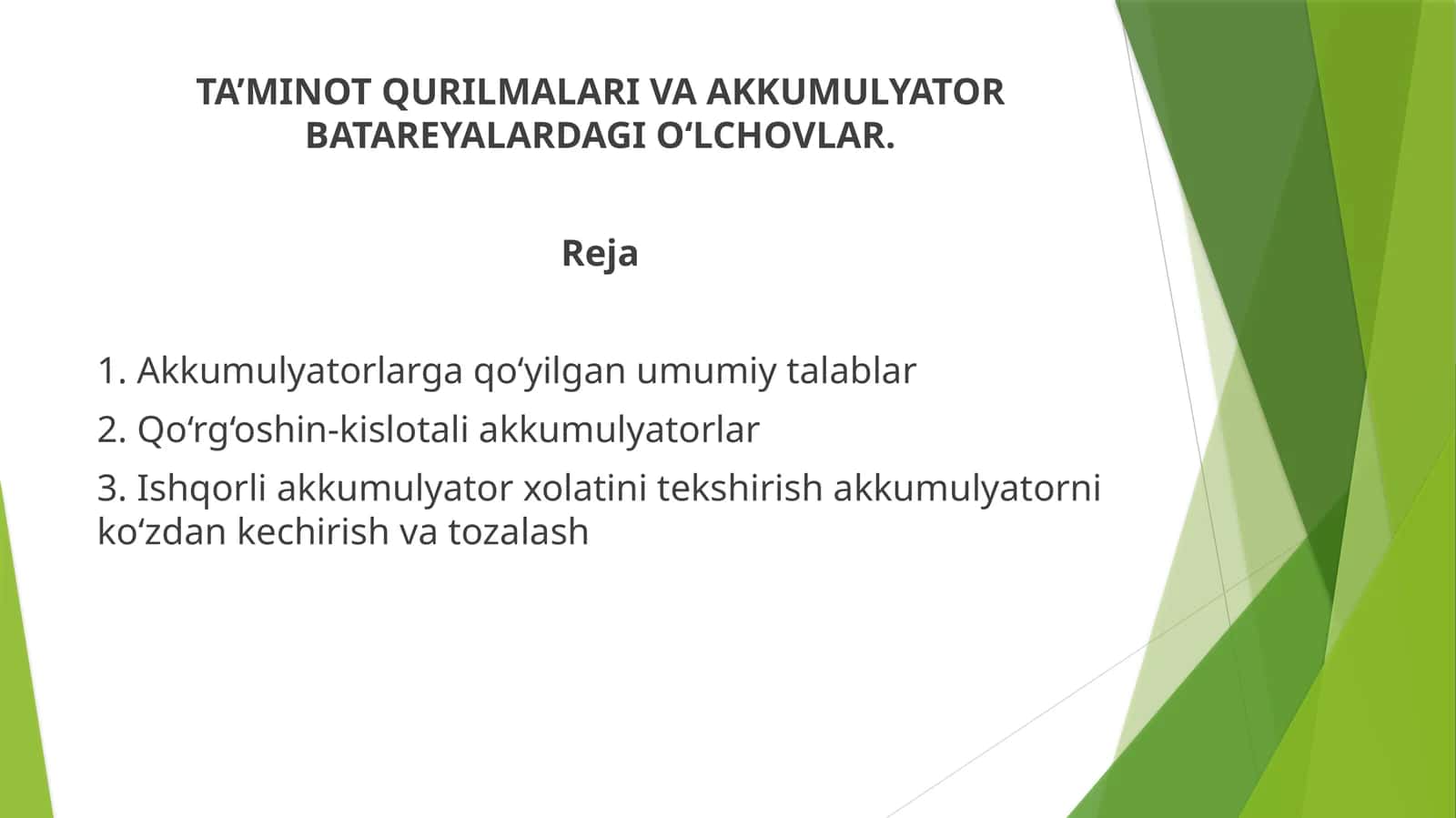 TA’MINOT QURILMALARI VA AKKUMULYATOR BATAREYALARDAGI O‘LCHOVLAR 1