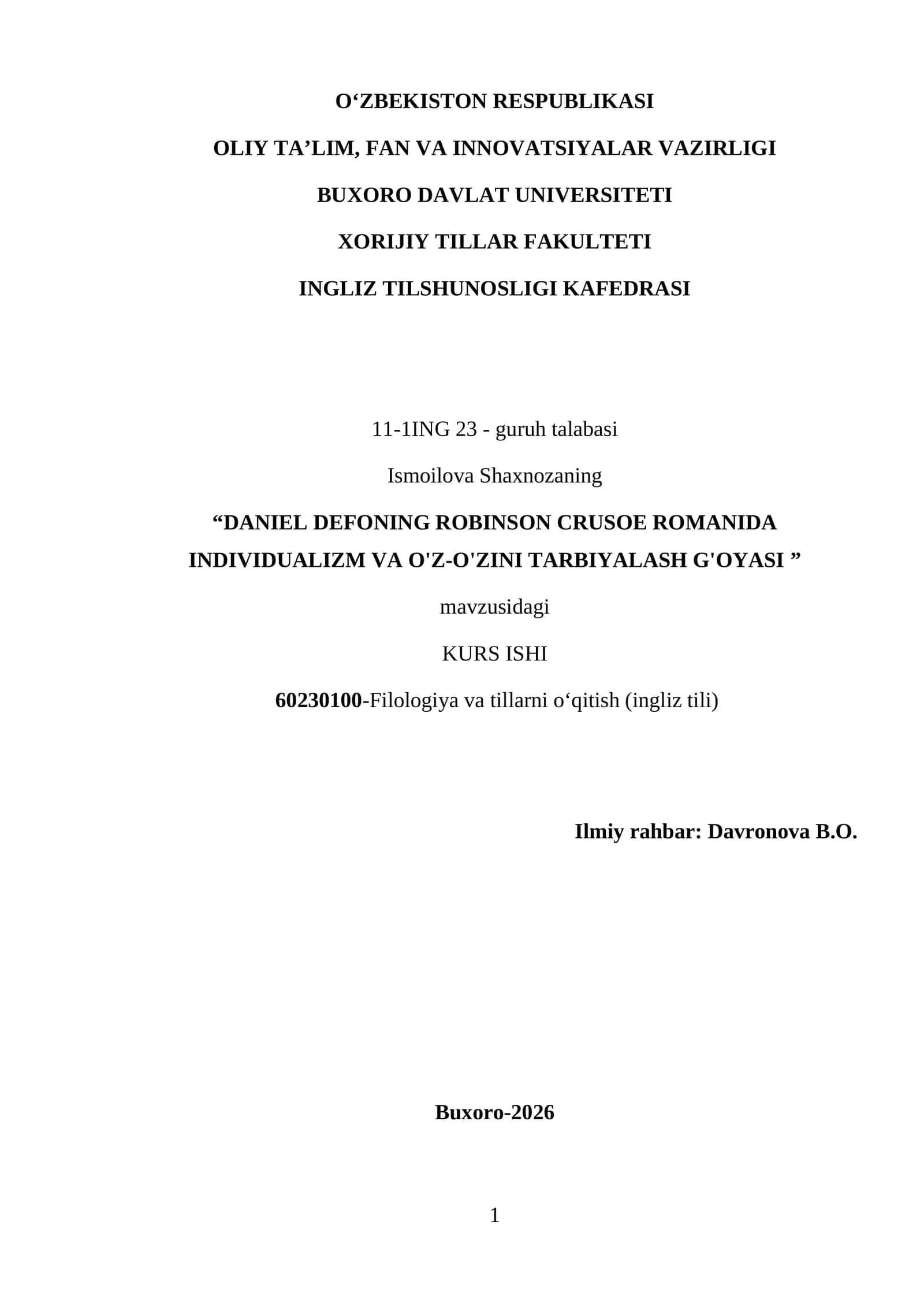 DANIEL DEFONING ROBINSON CRUSOE ROMANIDA INDIVIDUALIZM VA O'Z-O'ZINI TARBIYALASH G'OYASI 1