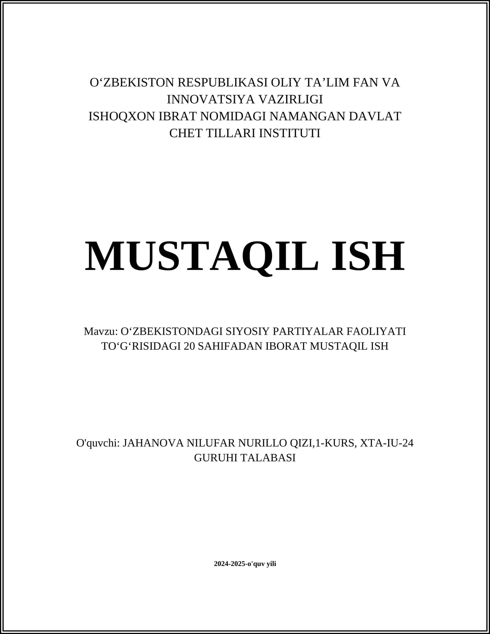 OʻZBEKISTONDAGI SIYOSIY PARTIYALAR FAOLIYATI TOʻGʻRISIDAGI 20 SAHIFADAN IBORAT MUSTAQIL ISH 1