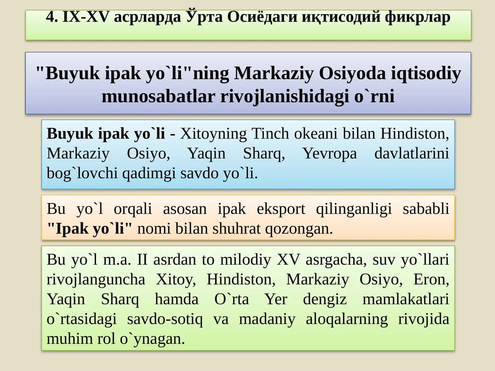 Buyuk ipak yo`lining Markaziy Osiyoda iqtisodiy munosabatlar rivojlanishidagi o`rni 1