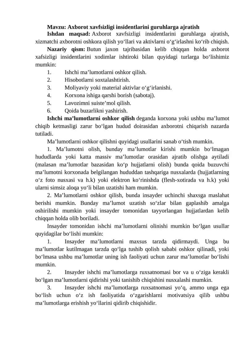 Axborot xavfsizligi insidentlarini guruhlarga ajratish 1